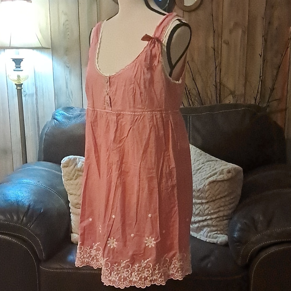 Anthropologie Feather Bone Pink Dress w/ Lace Trim Sleeveless Embroidered Flower - Picture 3 of 9